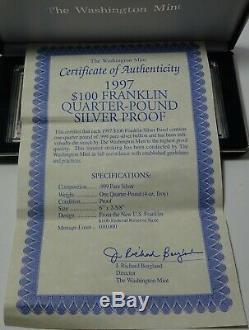 $100 Franklin 4 Oz. Silver Proof Washington Mint 1997 Box & COA