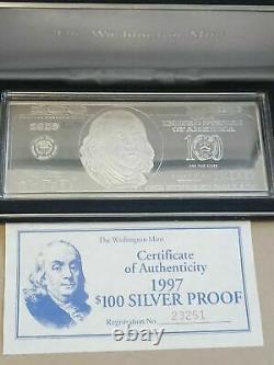 $100 Silver Bar The Washington Mint 4 Troy Ounce 1997 Franklin With COA