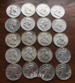 1948-1963 Silver Franklin/ Walking Liberty Half Dollar Roll. 20 Coin Lot