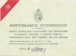 1969 Republic of Tunisia 1 Dinar 10 Coin Silver Set Original Franklin Mint Box
