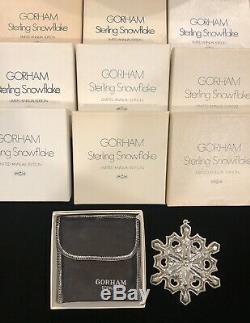 1970 -1979 Gorham Sterling Silver Snowflake Ornaments (Lot of 10) boxes