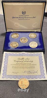 1970 United Nations 25th Anniversary, 5 Silver Medals Proof Set 1st Edition
