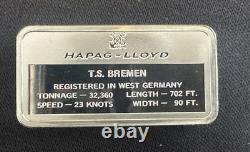 1971 Franklin Mint TS BREMEN Hapag-Lloyd WEST GERMANY SHIP Sterling Silver Bar