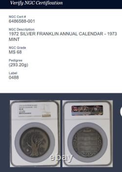 1972 Franklin Mint 1973 Annual Calendar 293.20g / 10oz Silver Medal NGC MS68