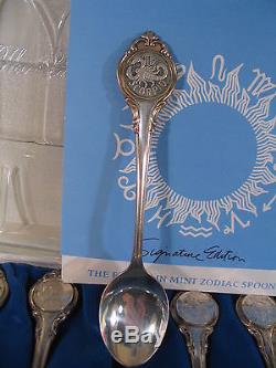 1972 Franklin Mint Sterling SET TWELVE ZODIAC SPOONS WITH LEATHER CASE