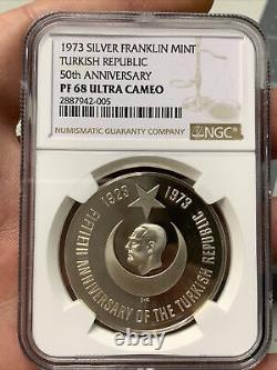 1973 Franklin Mint Turkish Republic 50th Anniversary Silver Proof Coin PF68 UCAM