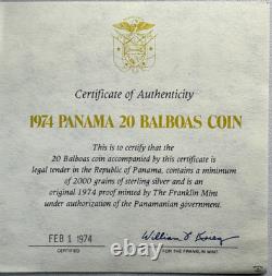 1974 Panama 20 Balboas Silver Coin 4.167 oz in OGP with COA Franklin Mint