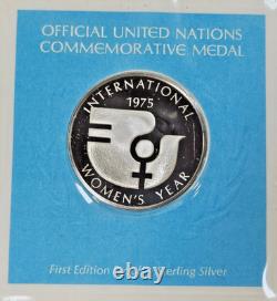 1975 Franklin Mint UN Commemorative Medals 5pc Sterling Proof Set w Stamps