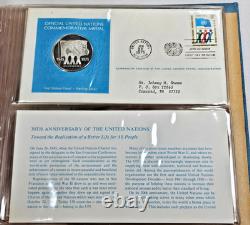 1975 Franklin Mint UN Commemorative Medals 5pc Sterling Proof Set w Stamps