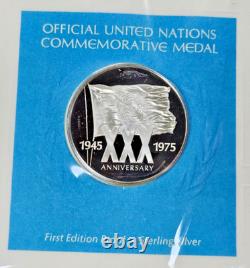 1975 Franklin Mint UN Commemorative Medals 5pc Sterling Proof Set w Stamps