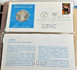1975 Franklin Mint UN Commemorative Medals 5pc Sterling Proof Set w Stamps