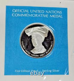 1975 Franklin Mint UN Commemorative Medals 5pc Sterling Proof Set w Stamps