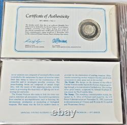 1975 Franklin Mint UN Commemorative Medals 5pc Sterling Proof Set w Stamps