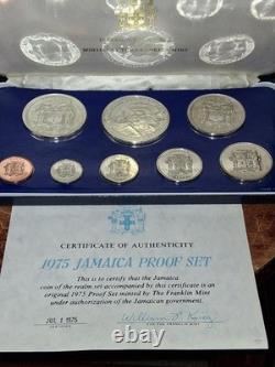 1975 Jamaica 8 Coin Silver Proof Set / Franklin Mint Coa, Papers, Box