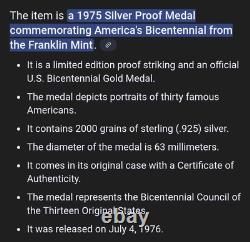 1975 Silver Proof Medal America's Bicentennial from the Franklin Mint With Case