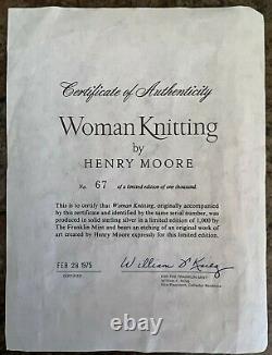 1975 Vintage Franklin Mint Woman Knitting By Henry Moore Solid Silver Etching