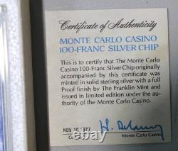 1977 Franklin Mint Casino de Monte Carlo 100 Francs 23 Gram Silver CHIP WithCert