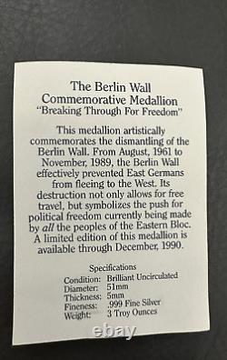 1989 The Berlin Wall BREAKING THROUGH Art COIN 3 TROY Oz. 999 Fine Silver COA