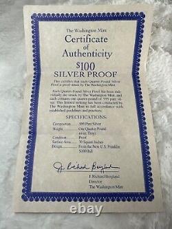 1996 4 Troy oz. 999 Fine Silver $100 Bill Proof with COA The Washington Mint