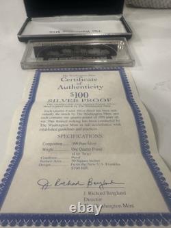 1996 Franklin Mint Beautiful 4 oz $100 Proof. 999 Silver In Case W Box And COA