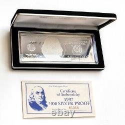 1997 $100 Ben Franklin Proof Bar in Box with COA 4 TROY OZ. 999 Fine Silver
