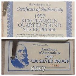 1997 $100 Franklin 4 oz. 999 Silver QUARTER POUND TROY SILVER! COA VIEW