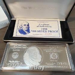 1998 Ben Franklin Washington Mint 4 oz. 999 Silver $100 Dollar Bill Box Bar COA