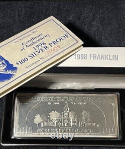 1998 Franklin $100 4oz Silver Bar, With Certificate of Authenticity! Very Nice