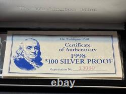 1998 Washington Mint Franklin $100 Dollar Silver Proof 4oz Bar