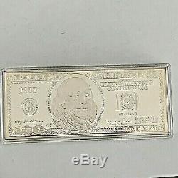 1999 Franklin Mint $100 Dollar Bill 4 Oz. 999 Fine Silver Bar Plastic Case