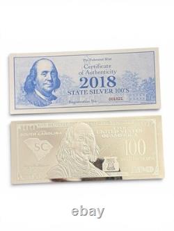 1 Oz. 999 Silver $100 2017 Franklin mint 100.00 Dollar State Bill South Carolina 1 Oz. 999 Silver $100 2017 Franklin mint 100.00 Dollar State Bill South Carolina
