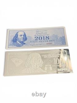 1 Oz. 999 Silver $100 2017 Franklin mint 100.00 Dollar State Bill South Carolina