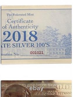 1 Oz. 999 Silver $100 2017 Franklin mint 100.00 Dollar State Bill South Carolina