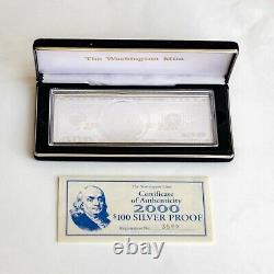 2000 $100 Ben Franklin Proof Bar in Box with COA 4 TROY OZ. 999 Fine Silver