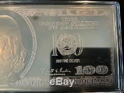 2000 BENJAMIN FRANKLIN $100 DOLLAR BILL 4 OUNCES / 123 Gram. 999 FINE SILVER BAR