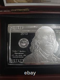 2013 $100 FRANKLIN CURRENCY NOTE 4oz. 999 FINE SILVER BAR + HARD CASE WITH COA 2013 $100 FRANKLIN CURRENCY NOTE 4oz. 999 FINE SILVER BAR + HARD CASE WITH COA