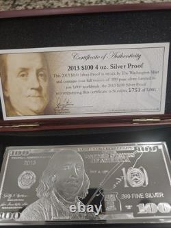 2013 $100 FRANKLIN CURRENCY NOTE 4oz. 999 FINE SILVER BAR + HARD CASE WITH COA