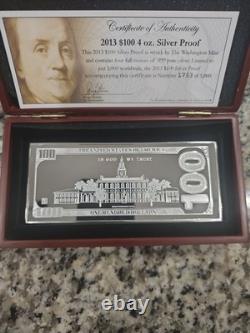 2013 $100 FRANKLIN CURRENCY NOTE 4oz. 999 FINE SILVER BAR + HARD CASE WITH COA