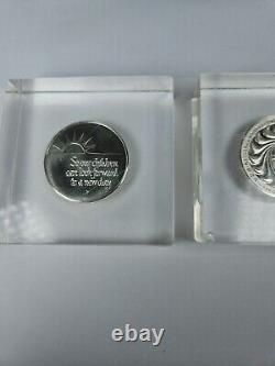 3 Franklin Mint Sterling Silver Coins in Lucite Paperweights Peace, UN