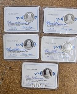 5 Franklin Mint Member Collectors Society Cards, Sterling Silver Coins 1976-1980