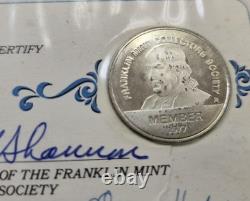 5 Franklin Mint Member Collectors Society Cards, Sterling Silver Coins 1976-1980