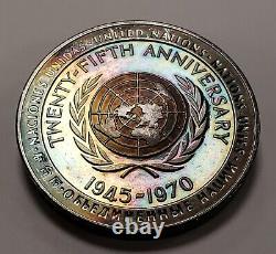 5 oz. 925 Silver 1970 United Nations Franklin Mint Rainbow Toning F4599