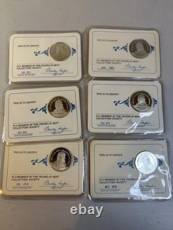 6 Franklin Mint Member Collectors Society Cards, Sterling Silver Coins 1973-1979