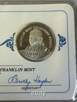 6 Franklin Mint Member Collectors Society Cards, Sterling Silver Coins 1973-1979