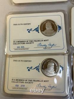 6 Franklin Mint Member Collectors Society Cards, Sterling Silver Coins 1973-1979