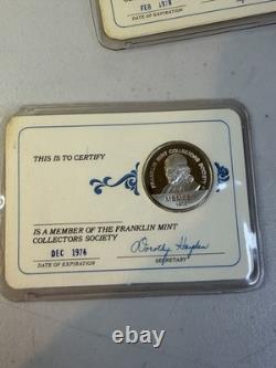 6 Franklin Mint Member Collectors Society Cards, Sterling Silver Coins 1973-1979