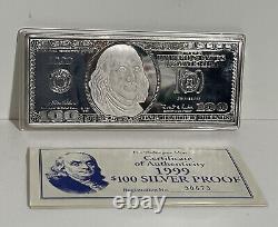 999 4 OZ FINE SILVER PROOF BAR Washington Mint Franklin $100 Note COA Box 1999