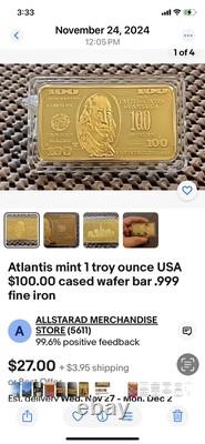 Atlantis mint Federal Reserve note one troy ounce. 999 fine iron 40 Bars & More
