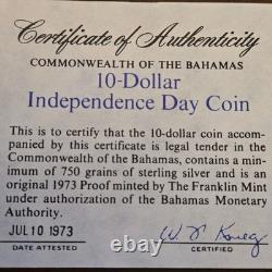 Bahamas 1973 10 Dollar Sterling Silver Proof Coin Franklin Mint Independence COA