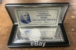 Ben Franklin Proof $100 Dollar Bill 4 Troy Ounces. 999 Fine Silver Bar Encased